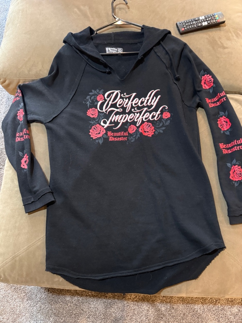 Perfectly Imperfect Women's Black Hoodie with Red Rose Print